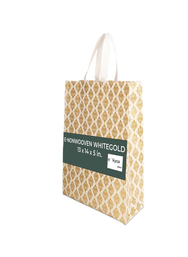 ekysa dekor Non-Woven Reusable Gift Bag With Gold Damask Print Perfect For Parties, Festivals (Diwali, Eid, Christmas), Baby Showers, Or Corporate Giveaways [Whitegold, 13X14X5 Inch, Pack Of 10] - Image 1